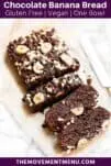 vegan chocolate banana bread on parchment paper with a knife on the side