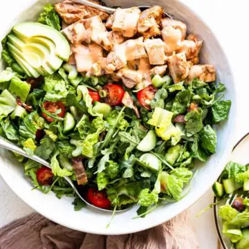large white ceramic bowl filled with buffalo chicken salad