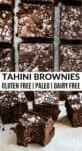 close up shot of tahini brownies with flaked salt