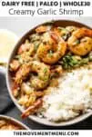 one pan creamy garlic shrimp in a bowl with white rice, lemon and parsley