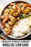 close up of creamy garlic shrimp in a bowl with rice