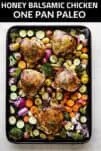 sheet pan of roasted chicken thighs and vegetables