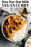 vegan curry in a bowl with vegetables and white rice