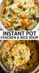 Instant Pot chicken and rice soup in a bowl and inside the Instant Pot