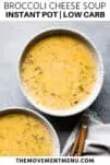 two bowls of broccoli cheese soup with spoons on the side