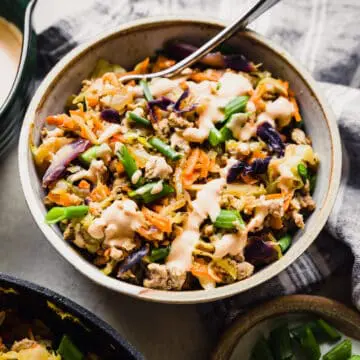 keto egg roll in a bowl with a fork inside
