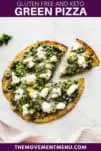 slice taken out of a green pizza with burrata on top