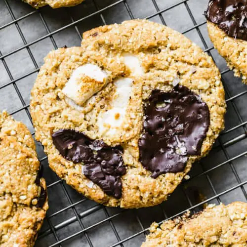 s'mores cookies with dark chocolate and flaked salt on top
