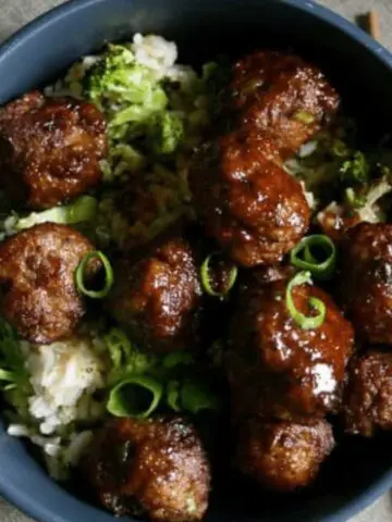 Teriyaki meatballs and rice in a bowl