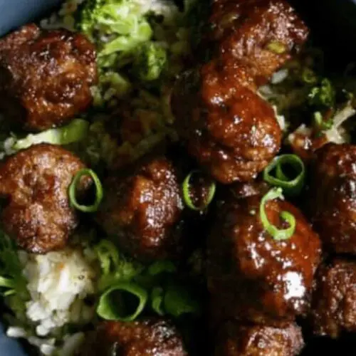 Teriyaki meatballs and rice in a bowl