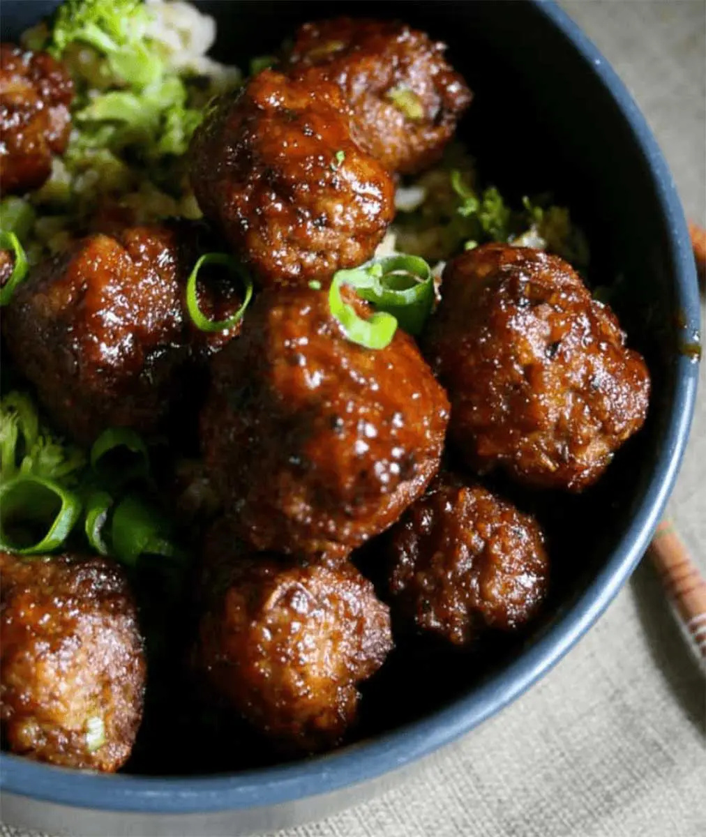 Teriyaki Meatballs and rice in a bowl
