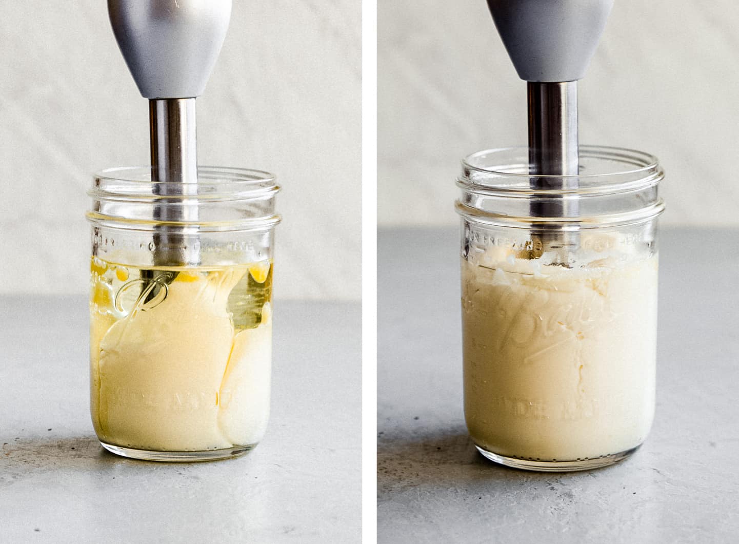 blending paleo mayo in a glass jar with an immersion blender