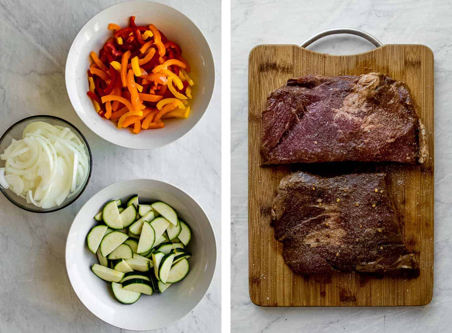 vegetables prepped in bowls and steak marinating on a cutting board