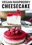 An easy vegan raspberry cheesecake recipe that is made with raw cashews and has the most delicious raw crust ever. This easy vegan cheesecake is dairy free, gluten free and refined sugar free. #vegancheesecake #vegan #paleocheesecake #paleo