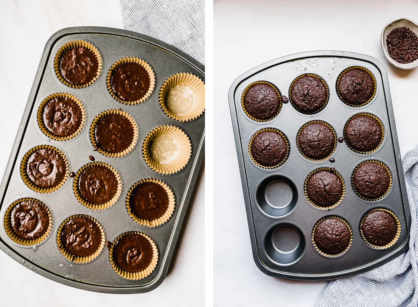 gluten free chocolate cupcakes being prepped in a cupcake tin