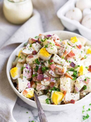 Dairy Free Whole30 Potato Salad. The best paleo potato salad recipe with bacon and eggs. A low carb, dairy free potato salad recipe. Easy whole30 side dishes. Whole30 sides. Easy whole30 dinner recipes. Whole30 meal ideas. whole30 meal plan. Whole30 snacks. Whole30 recipes. Whole30 lunch. Whole30 meal planning. Whole30 meal prep. Healthy paleo meals. Healthy Whole30 recipes. Easy Whole30 recipes.