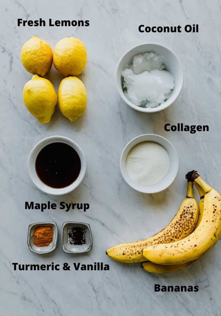 ingredients needed to make paleo lemon bars: fresh lemons, coconut oil, collagen, maple syrup, turmeric and vanilla, bananas