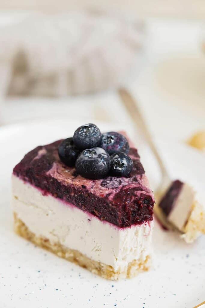 Easy Vegan Blueberry Cheesecake that is easy to make and is so silky, smooth and delicious with fresh blueberries and a creamy cashew center. Gluten free, vegan blueberry cheesecake that’s freezer friendly and so easy to make! Paleo blueberry cheesecake. Raw vegan blueberry cheesecake recipe. Raw paleo cheesecake recipe. No bake cashew cheesecake. Best gluten free vegan cheesecake. No bake blueberry cheesecake recipe. Healthy vegan desserts right here.