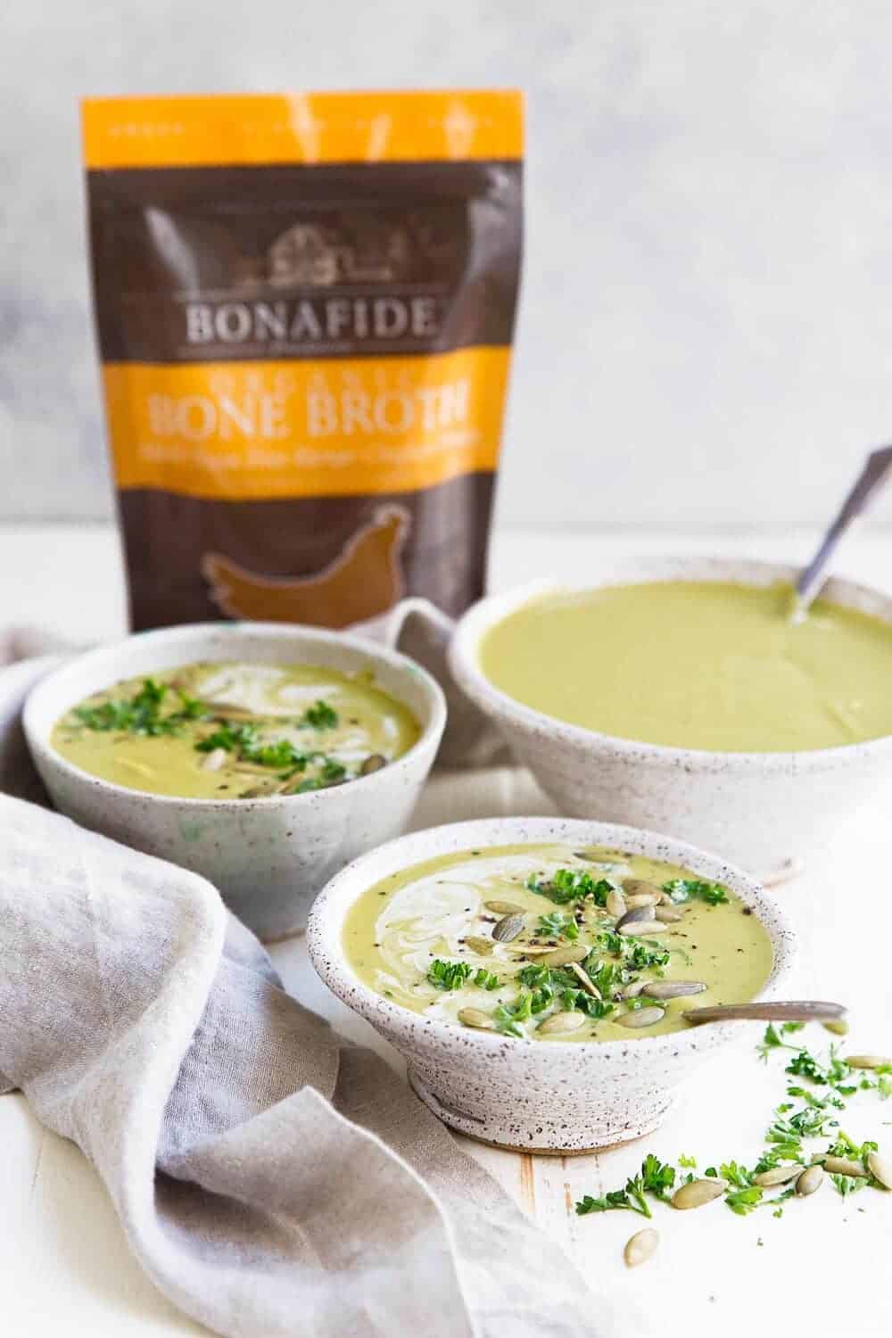 Whole30 Cream of Broccoli Soup with a packet of bonafide bone broth