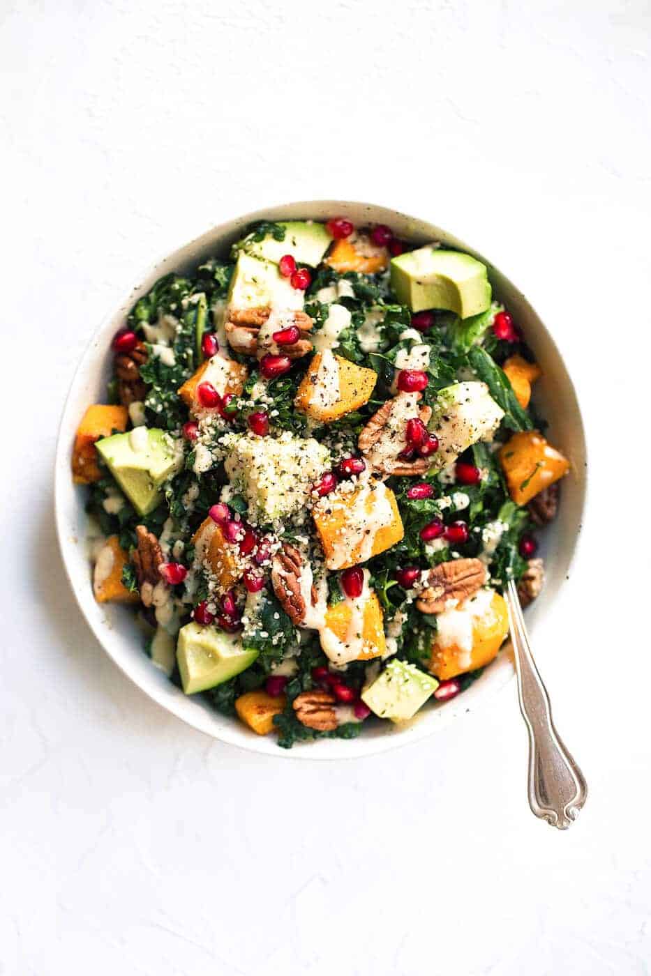 Roasted Butternut Squash Salad with Kale, nuts and pomegranate 