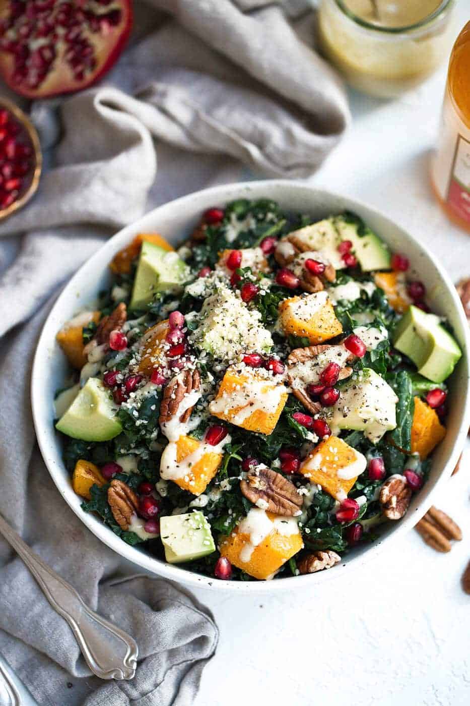 Roasted Butternut Squash Kale Salad in a bowl 