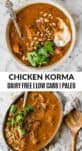 chicken korma in a bowl with a spoon and fresh herbs