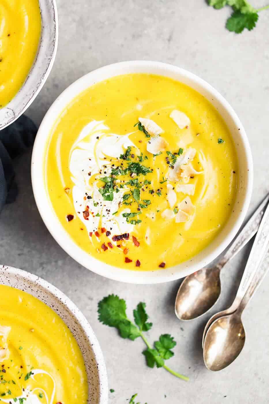 Whole30 Golden Milk Soup with fresh cilantro 