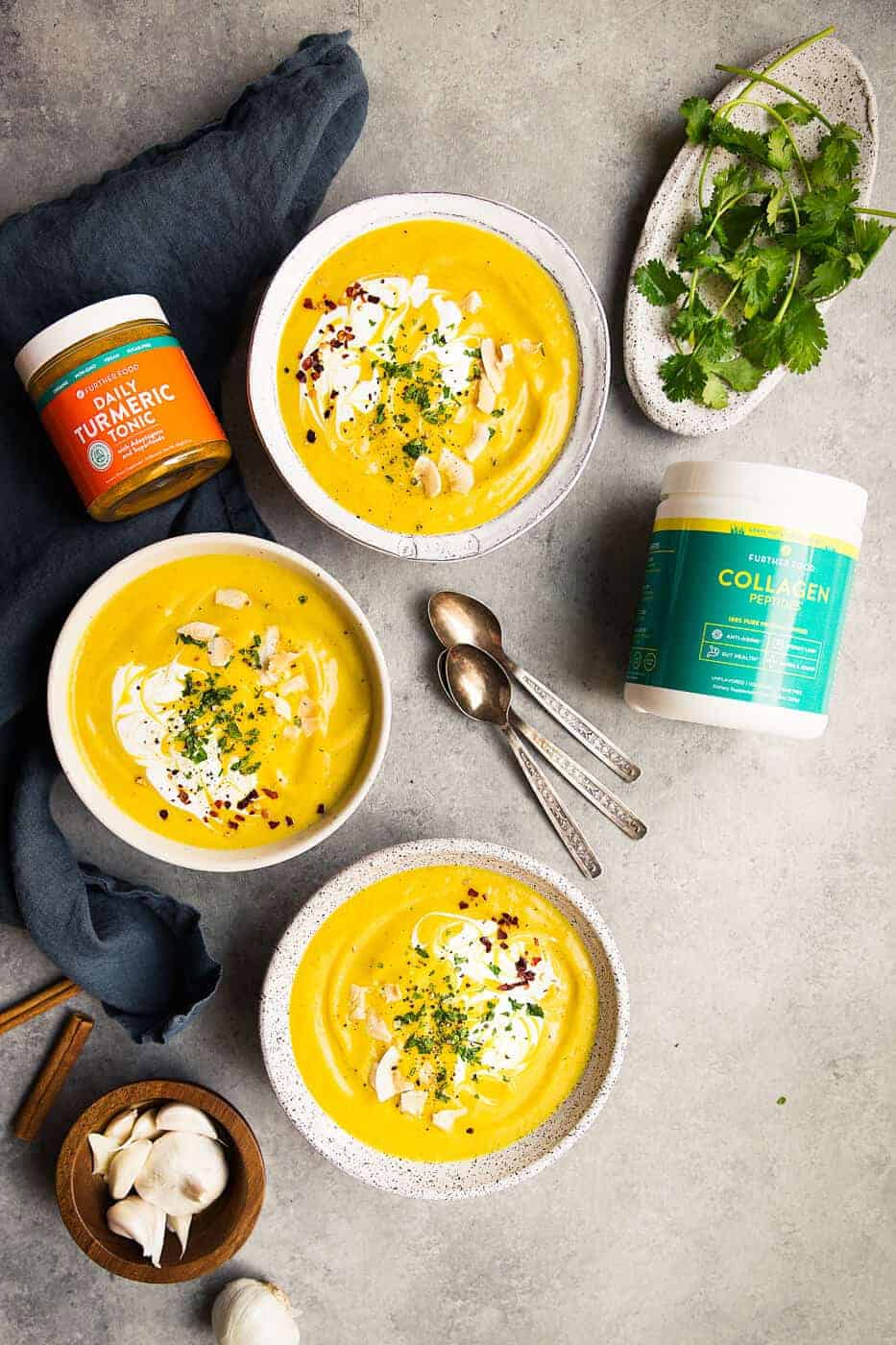 Whole30 Golden Milk Soup, collagen, tumeric, garlic and fresh cilantro 