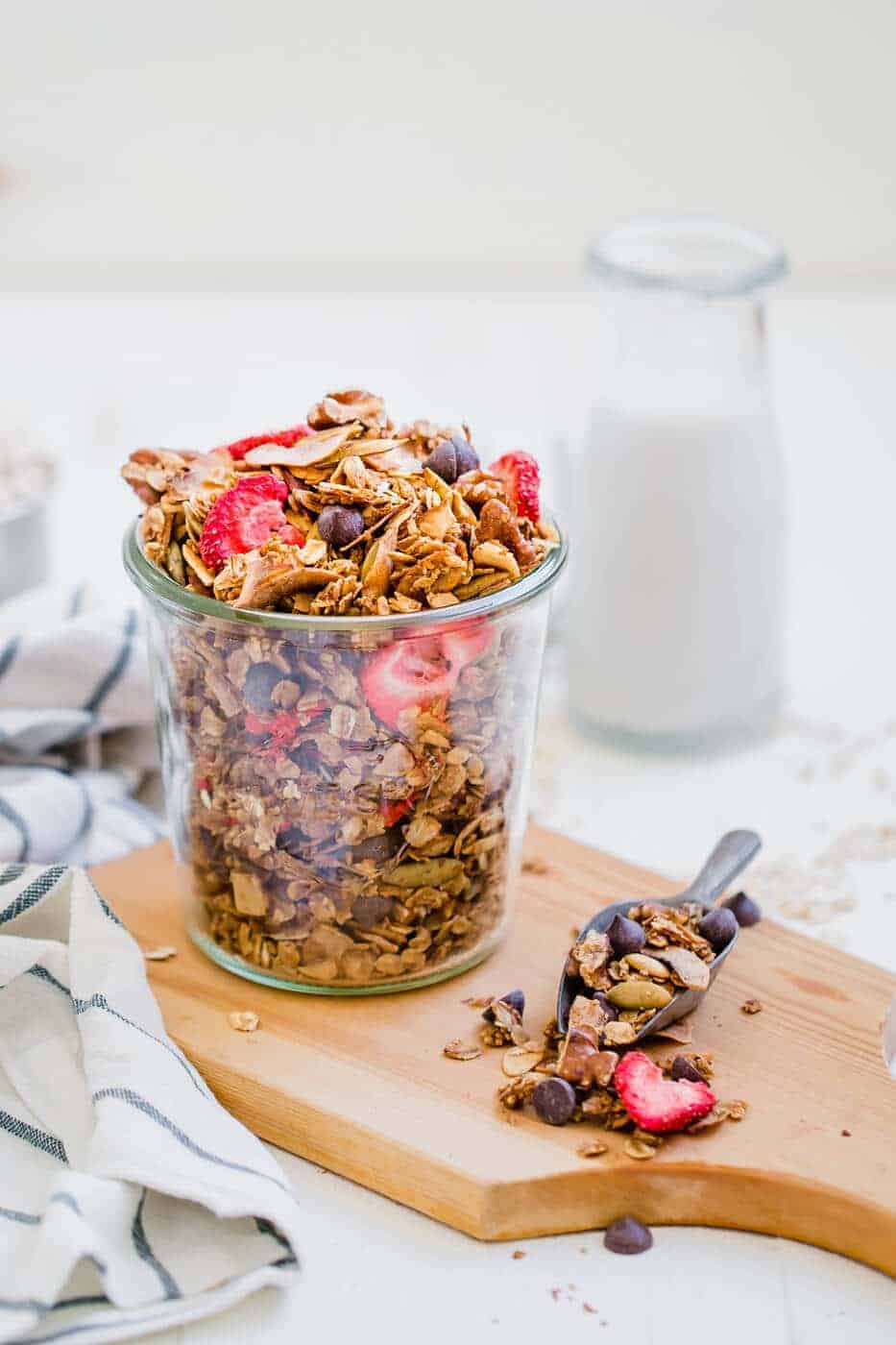 Chocolate Strawberry Vegan Granola in a glass jar