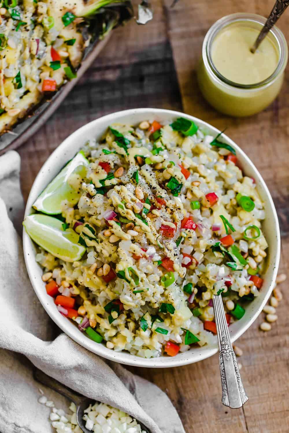 Thai Cauliflower Rice Salad in a white bowl