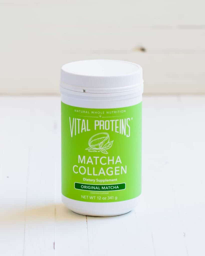 vital proteins matcha collagen supplement on a white desk