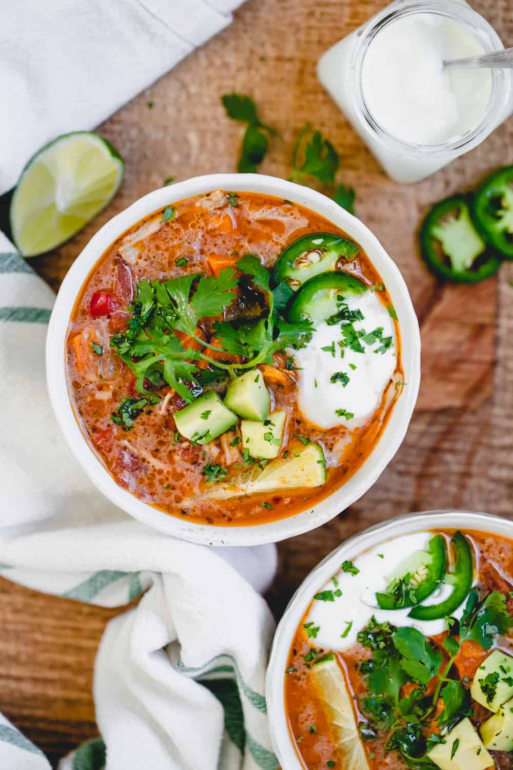 chicken tortilla-less soup with avocado and herbs