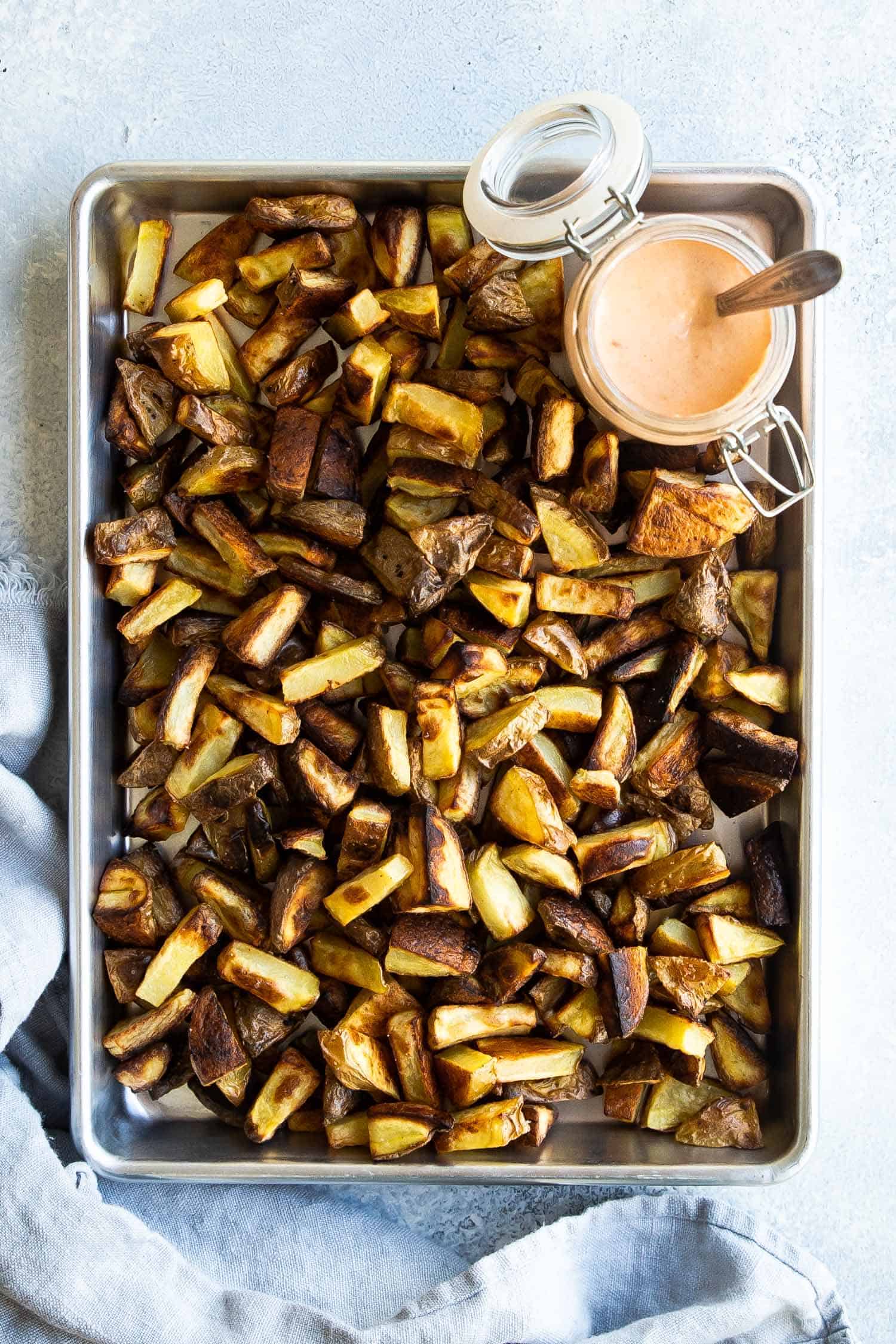  roasted potatoes on a baking sheet