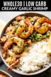 overhead shot of creamy garlic shrimp in a bowl with rice