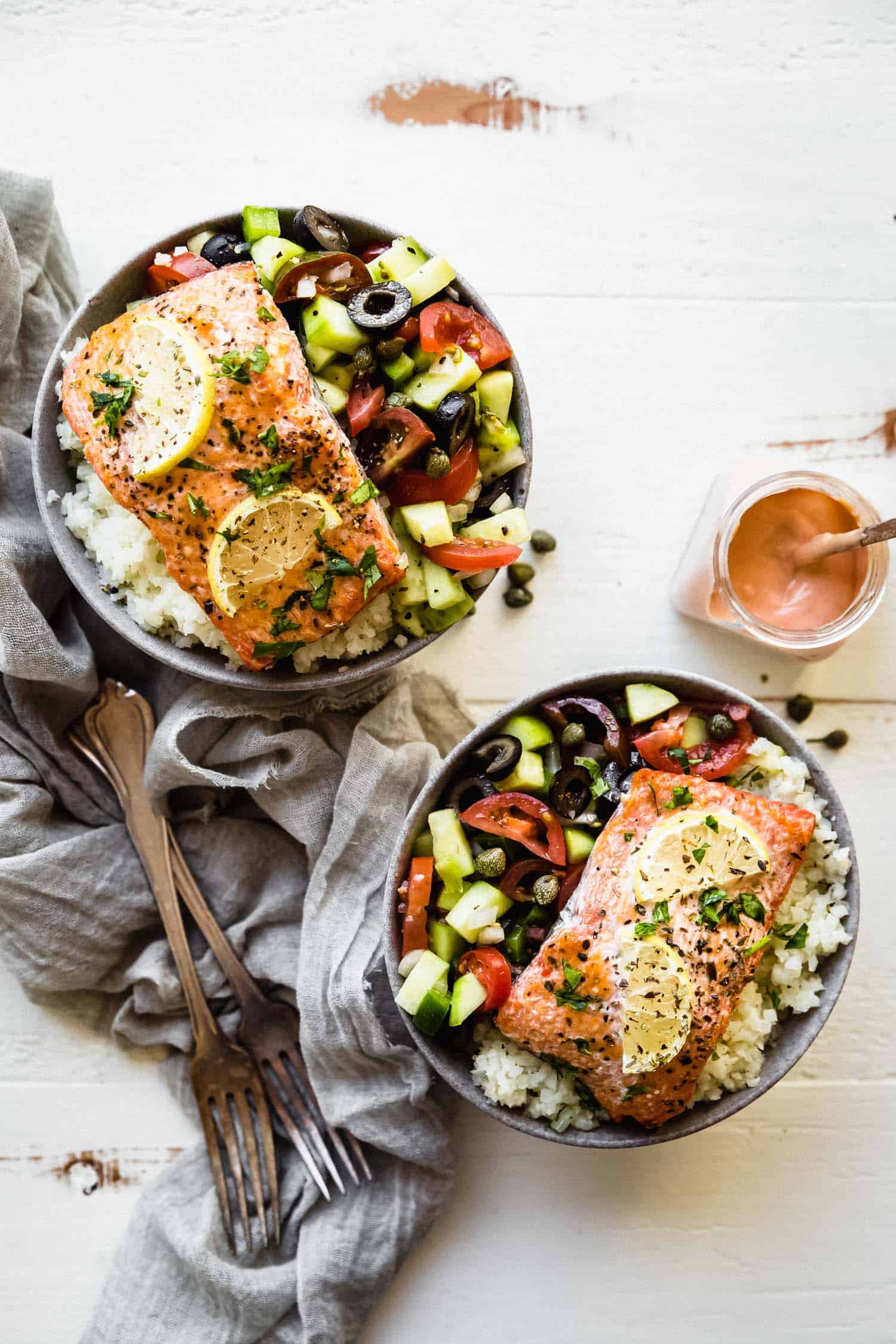 two bowls of whole30 greek salmon