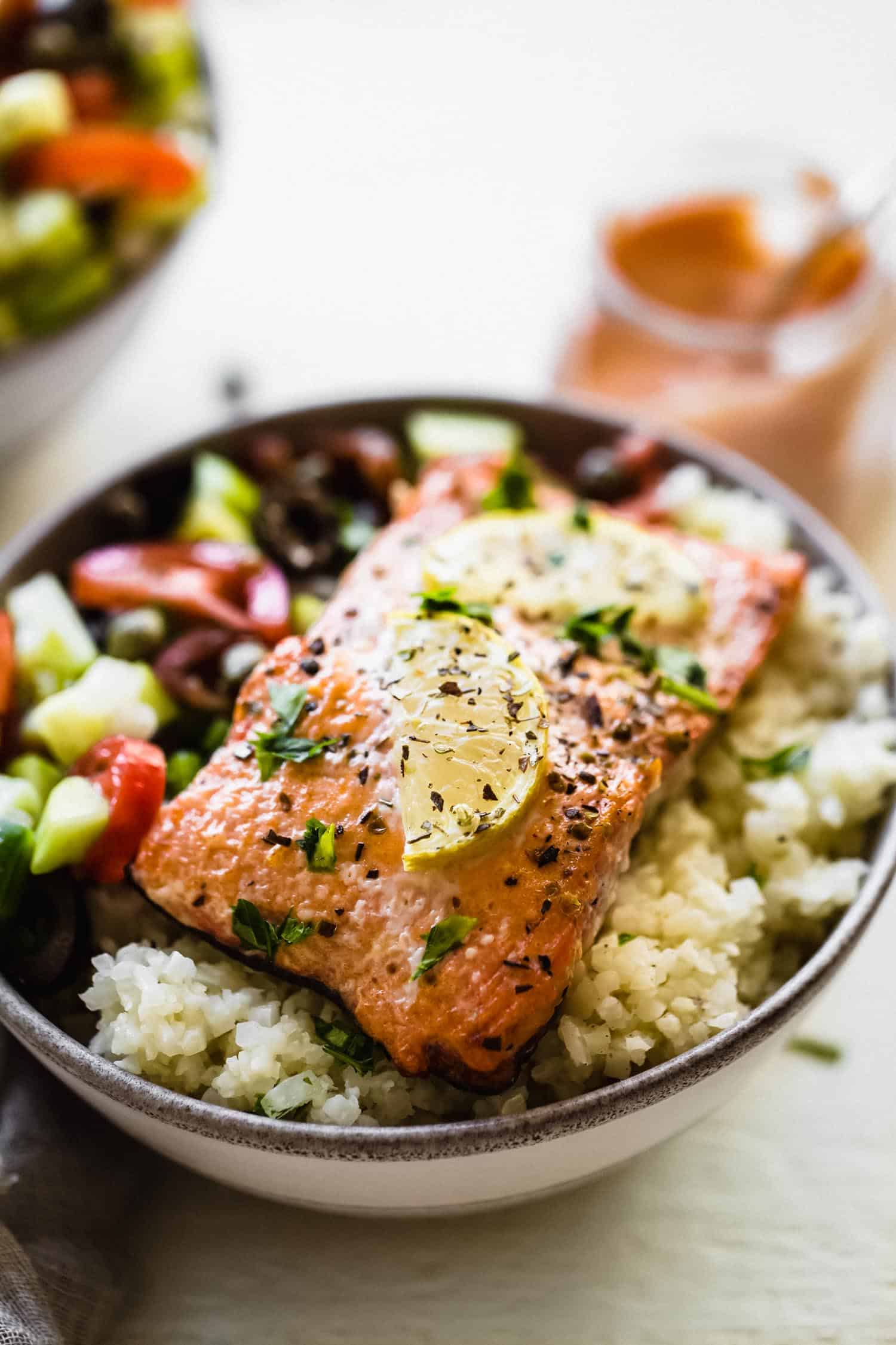 close up of Whole30 Greek salmon in a bowl