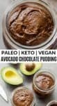 keto chocolate pudding with avocados and a knife on the side
