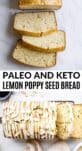 overhead of keto lemon poppy seed bread with coconut butter glaze