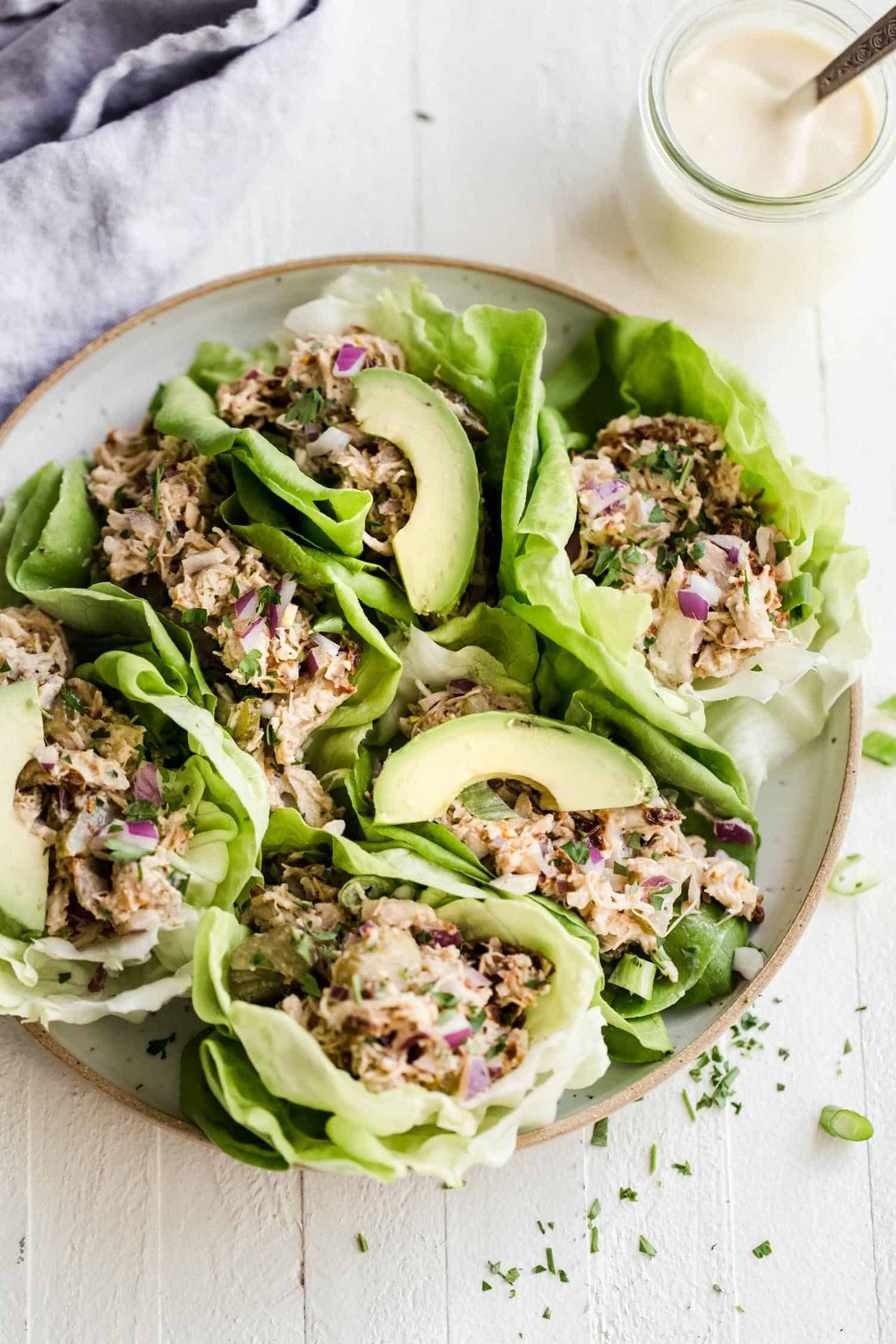 several lettuce wrapped chicken salad wraps