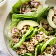 paleo chicken salad in lettuce wraps with avocado