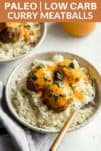 meatballs on a bed of cauliflower rice in a bowl with a fork