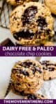 gooey paleo chocolate chip cookies stacked on a wire rack with flaked salt