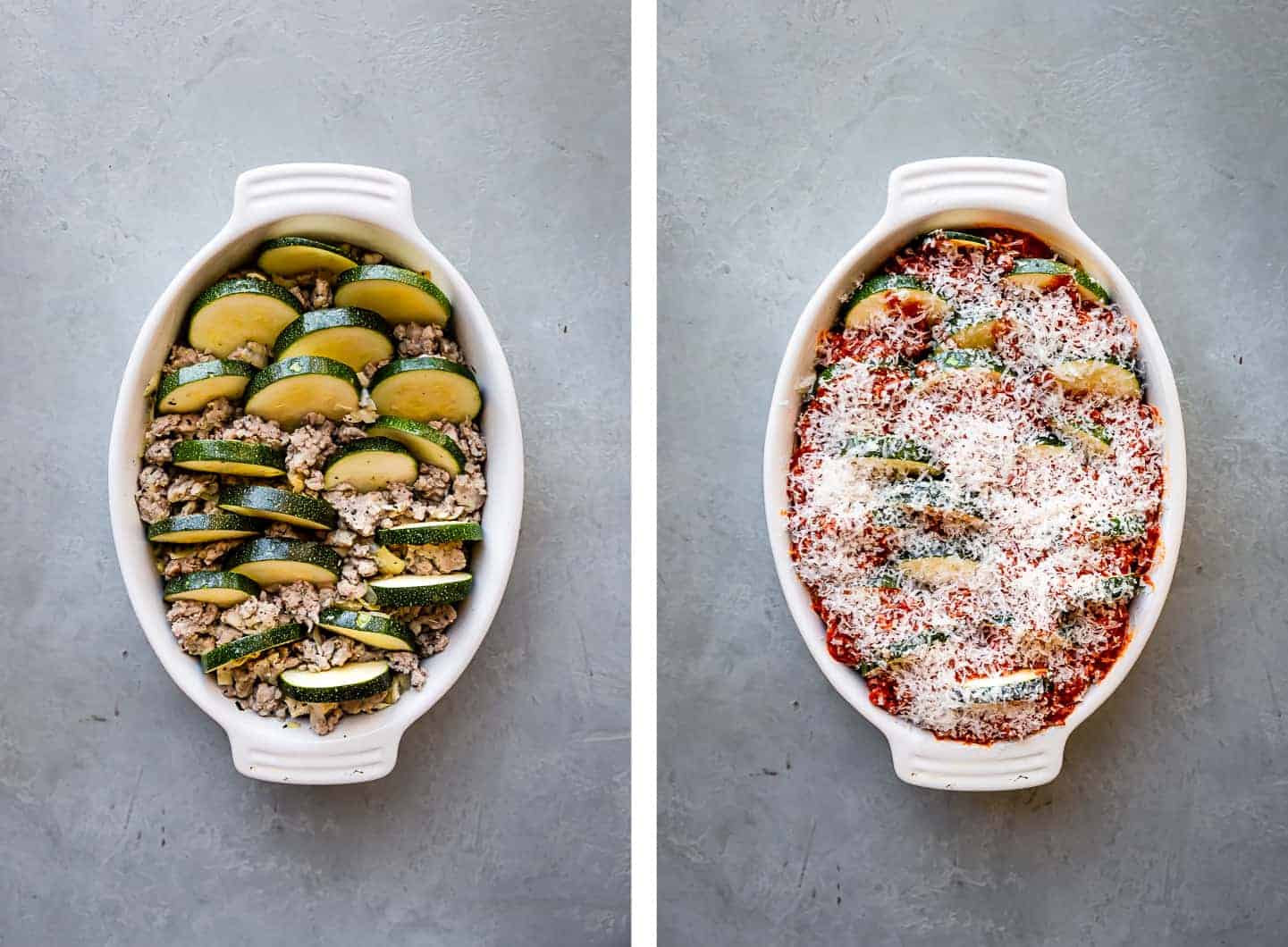 zucchini casserole prep with cheese on top
