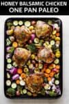 sheet pan of roasted chicken thighs and vegetables