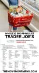 trader joe's shopping list and a red basket filled with groceries
