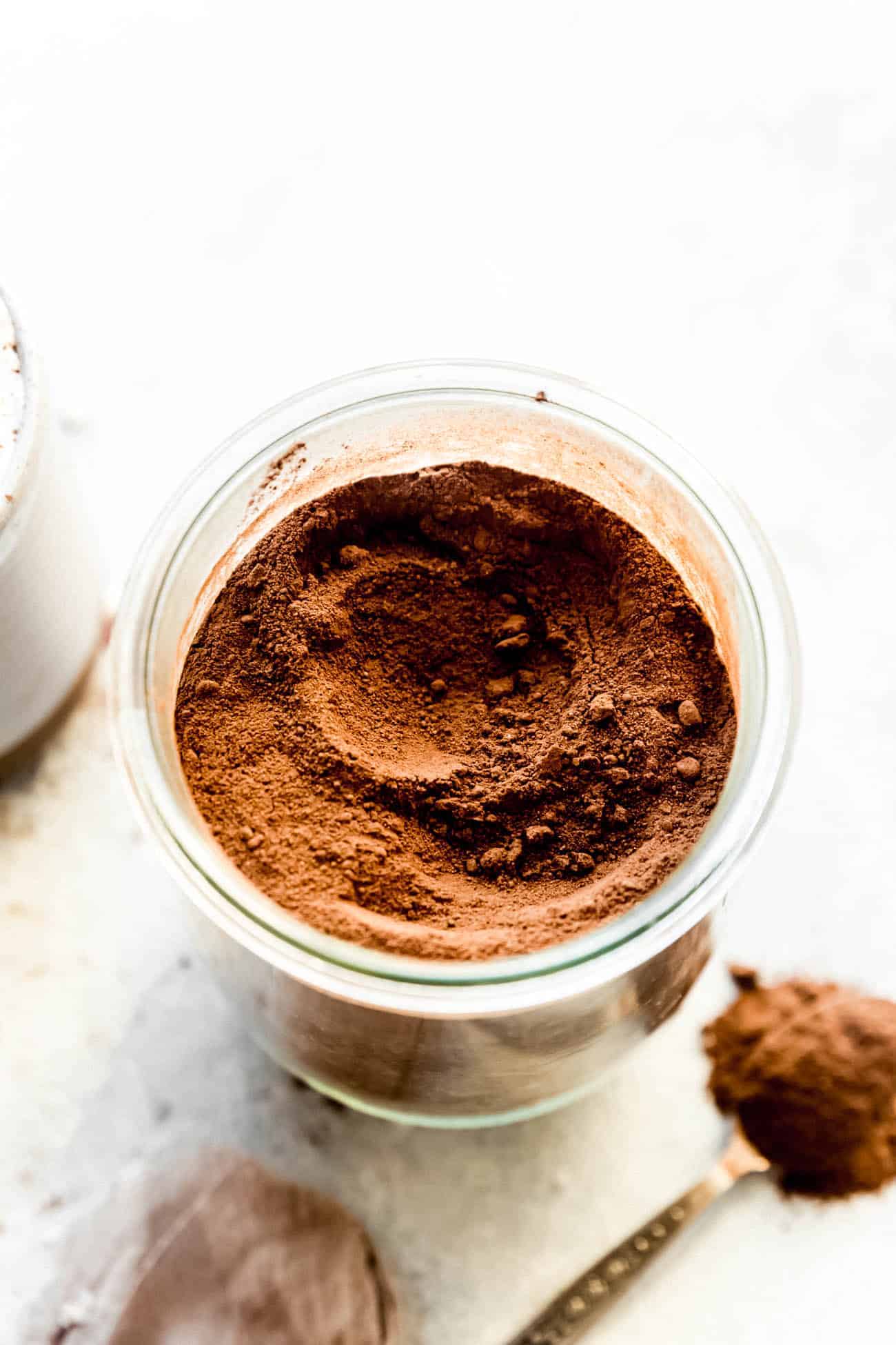 dairy free hot chocolate mix in a large glass jar