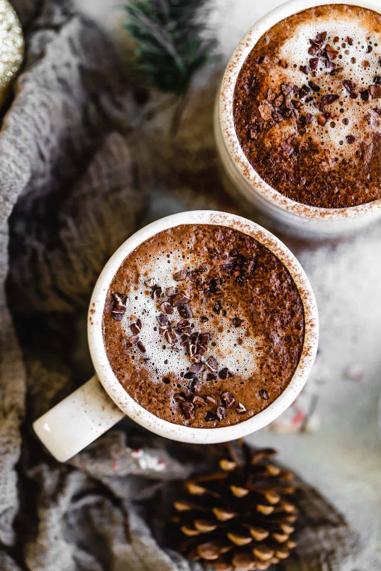 dairy free peppermint hot chocolate with foam and cacao