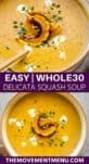 roasted delicata squash soup in a bowl with a spoon inside