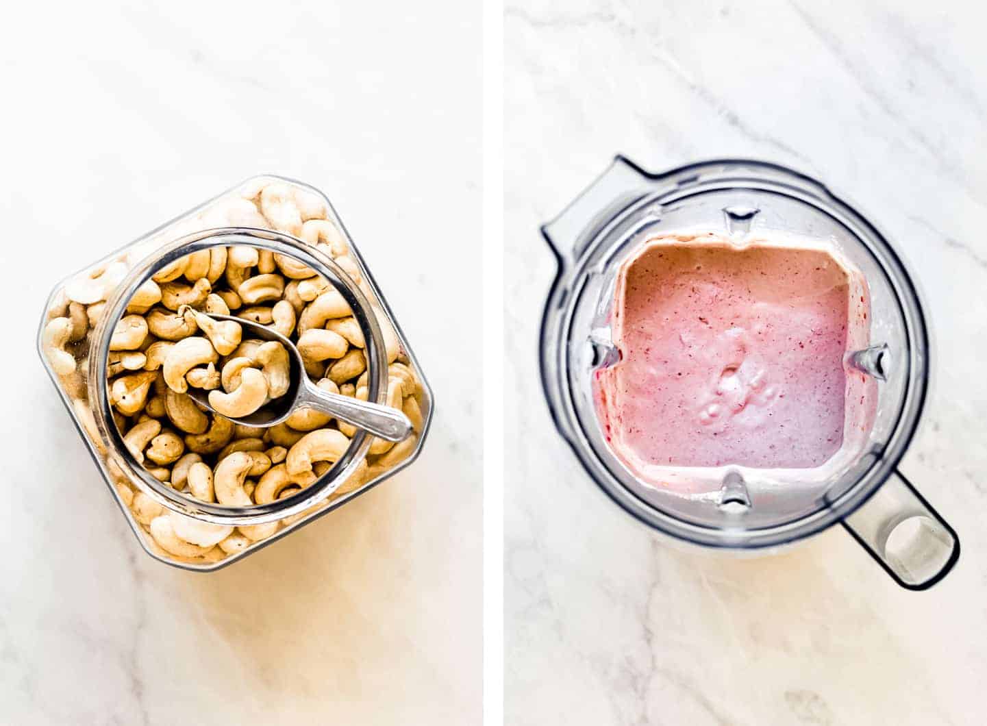 raw cashews in a glass jar and raspberry cashew cheese in a blender pitcher