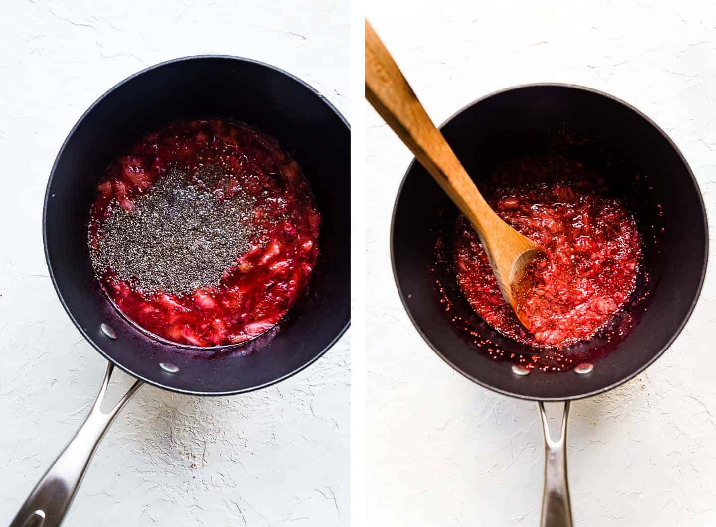 strawberry jam being made in a saucepan 